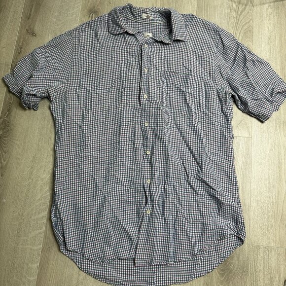 Peter Millar Mens Blue Pink Plaid Silk Linen Short Sleeve Button Up Shirt Sz L - Picture 3 of 10